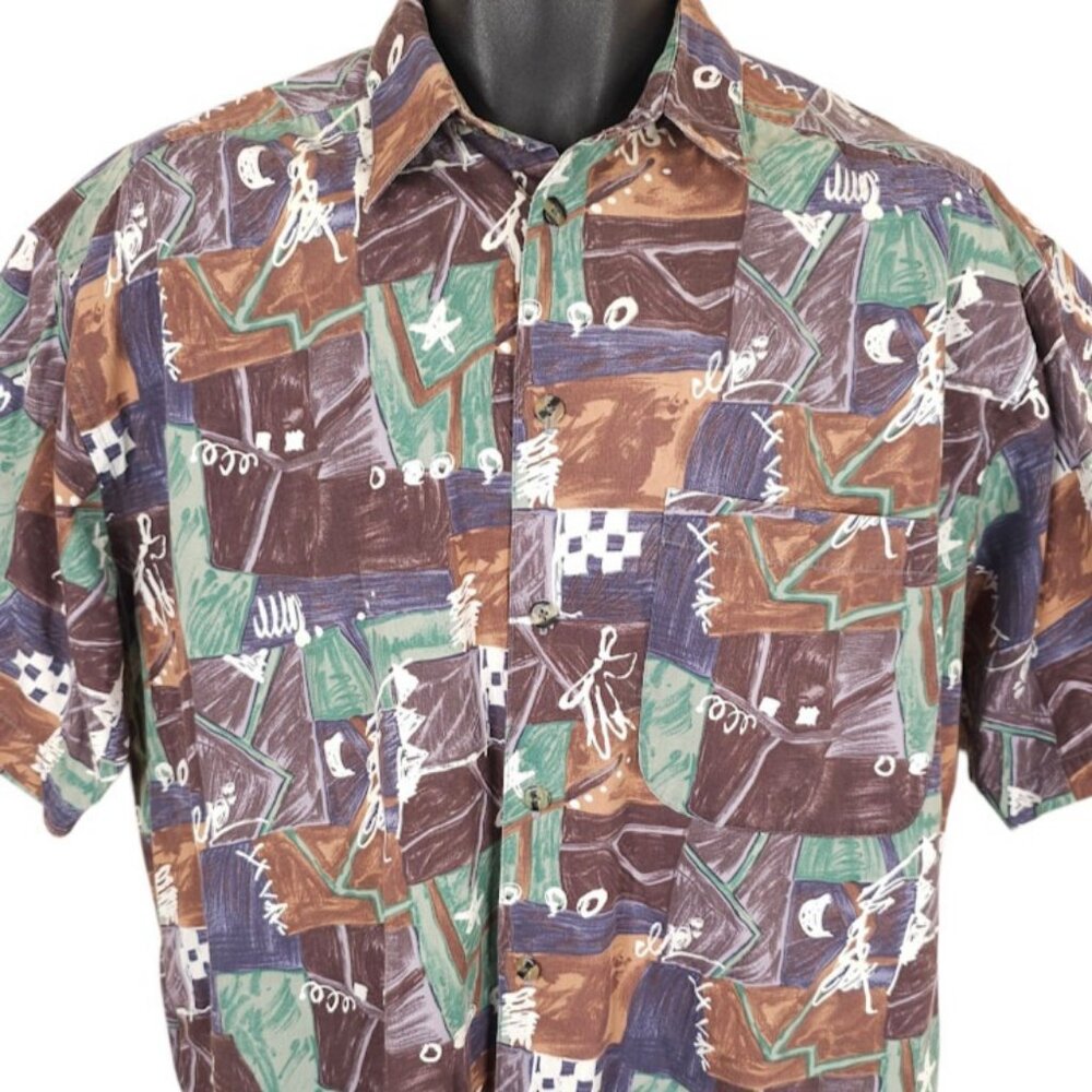 Vintage Abstract Camp Shirt Mens Size Medium 90s All Over Print Relaxed Fit